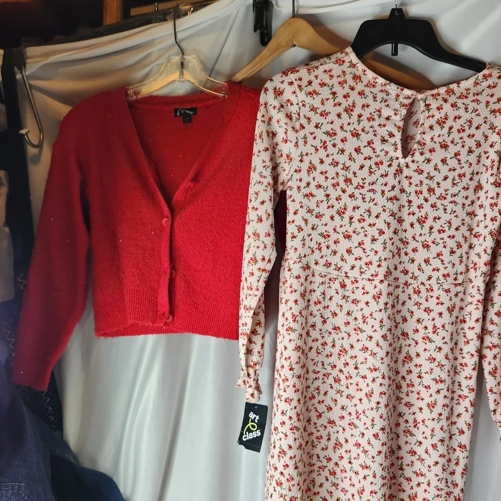 Girl's Floral Dress & Red Sweater - Art Class - Size L(10-12)